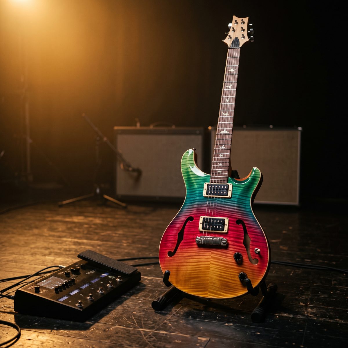 A PRS-style hollowbody baritone in a rainbow kaleidoscope finish beside a Helix floor unit on a dark stage
